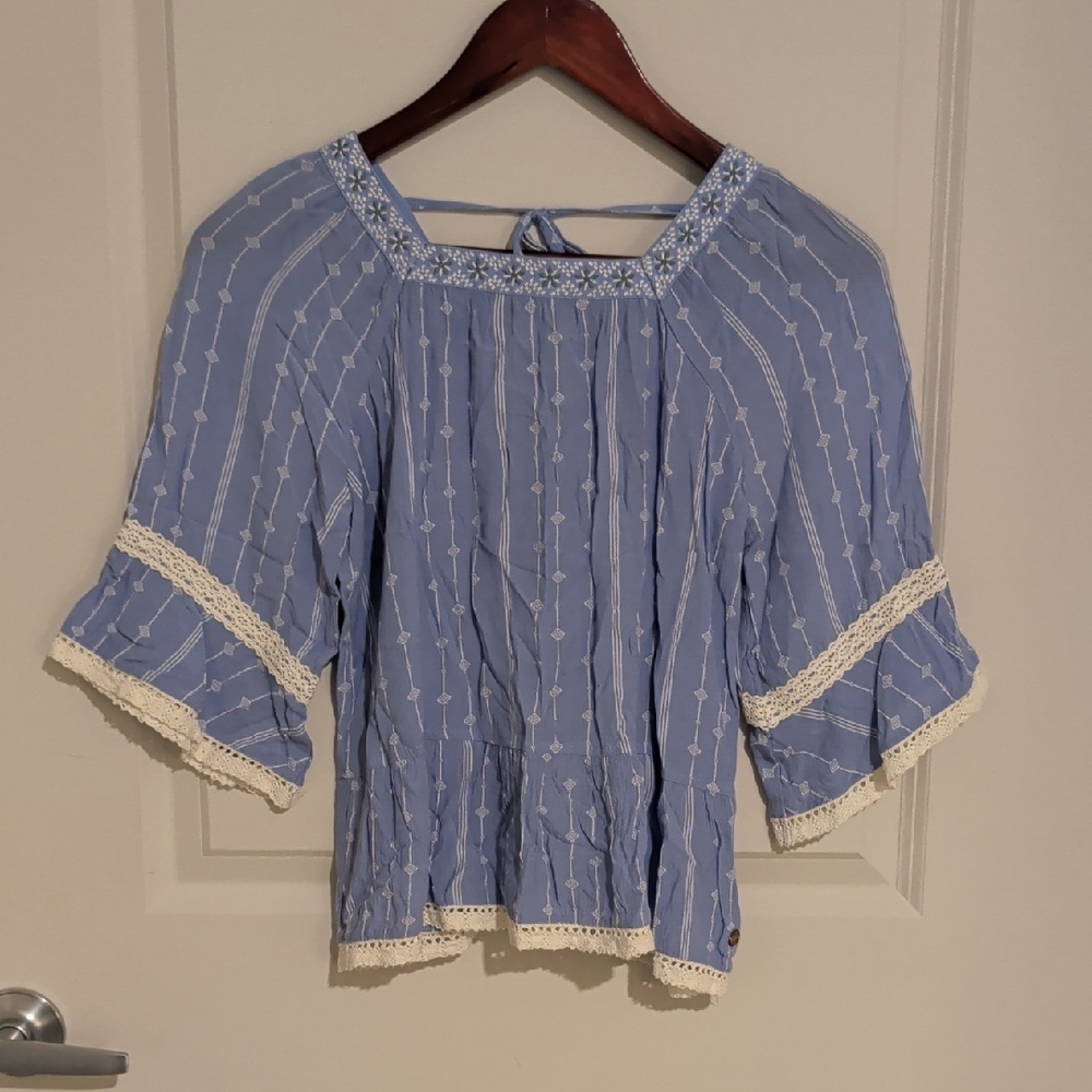 Matilda Jane Blue Blouse with Cream Lace Trim